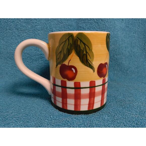 Lillian Vernon Red Cherries & Striped Fence Drinking Coffee Tea Mug Ceramic - Picture 1 of 8